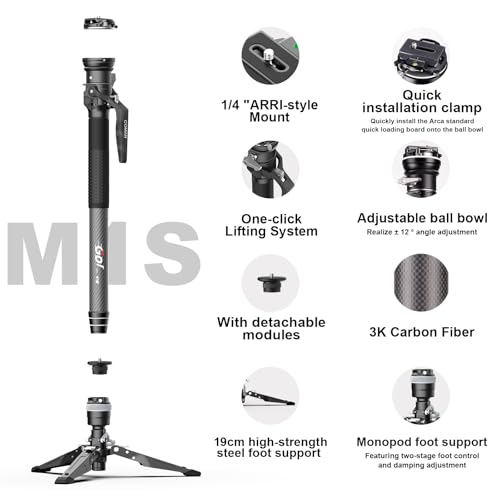 Camera Monopod, Extendable Carbon Fiber Monopod with Stands, 165cm with 360° Head, Arca Quick Mount System, Max Load 10kg Monopod Camera (M1S)