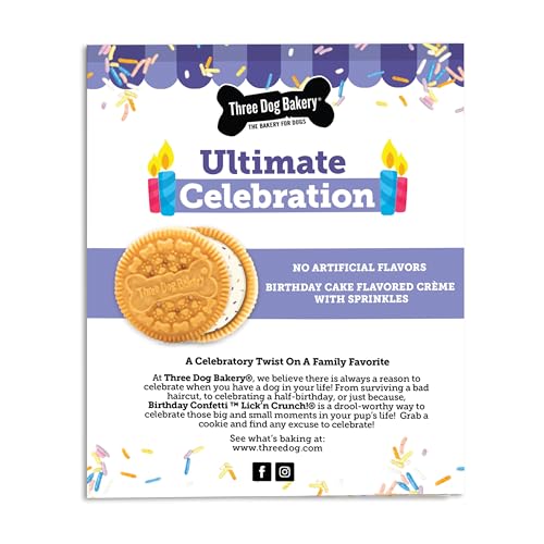 THREE DOG BAKERY BIRTHDAY CONFETTI LICK’N CRUNCH! – DOG FRIENDLY BIRTHDAY COOKIES, CAKE-FLAVORED DOG TREATS, CELEBRATORY COOKIE FOR PUPPIES