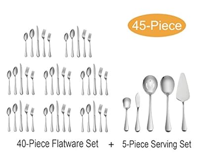 45-Piece Silverware Set with Serving Pieces, LIANYU Stainless Steel Cutlery Flatware Set Service for 8, Mirror Finish, Dishwasher Safe