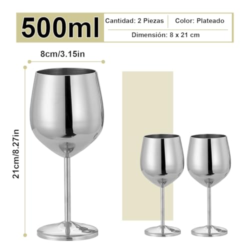 Copas de Vino Acero Inoxidable con Tallo 500ml 2 Pieza, Taza Cobre de Vino Tinto Cóctel Inastillable Fácil de Limpiar, Copas Irrompible para Aniversarios Navidad Fiesta Piscina Boda, Alto 21cm (Plata)