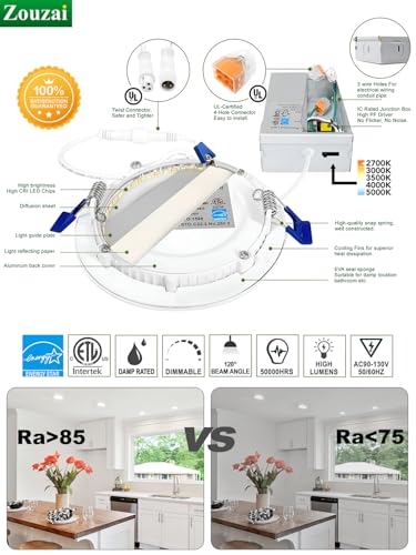 zouzai 24 Pack 4 Inch Ultra-Thin LED Recessed Ceiling Light with Junction Box 5CCT Adjustable Dimmable Can-Killer Downlight - ETL and Energy Star Certified (24 Pack 5CCT White, 4 Inch)