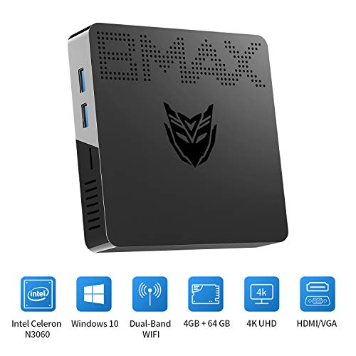 Mini PC, Intel Celeron N3060(up to 2.48GHz) Windows 10 Mini Computer, 4GB DDR3/64GB eMMC, HDMI/VGA Port, Support M.2-2280 SATA SSD, 4K HD, Gigabit Ethernet, 2.4G/5.8G Dual WiFi, BT4.2