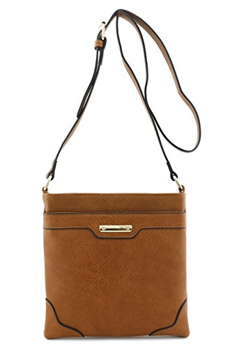 Women's Medium Size Solid Modern Classic Crossbody Bag with Gold Plate (Brown)