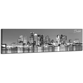DJSYLIFE-Boston Skyline Wall Art-Canvas Wall Art-Black and White Modern Panoramic Cityscape Pictures Paintings for Bedroom Office Decor, Ready to Hang 13.8