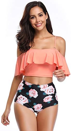 MARINAVIDA Women Off Shoulder Ruffle Swimsuit Crop Top Two Piece Bathing Suit(Slim Version)