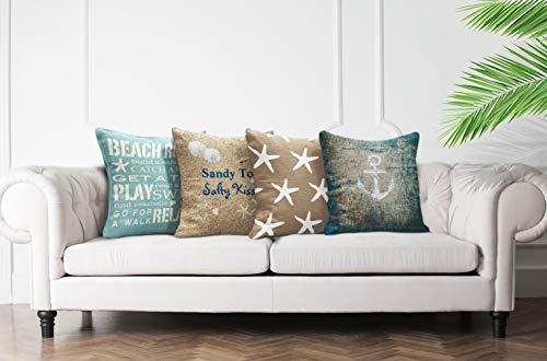 Emvency Set of 4 Throw Pillow Covers Beach Starfish Words Rules Holiday Summer Nautical Anchor Distressed Taupe…