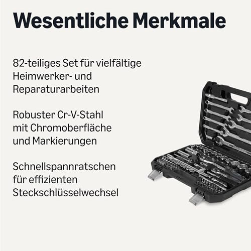Steckschlüsselsatz mit Ratschen, Verlängerungen und Bits, CRV-Stahl, Ratschenschlüssel-Set für Heimwerker und Autoreparaturen, 82 Teile, Inklusive Aufbewahrungskoffer