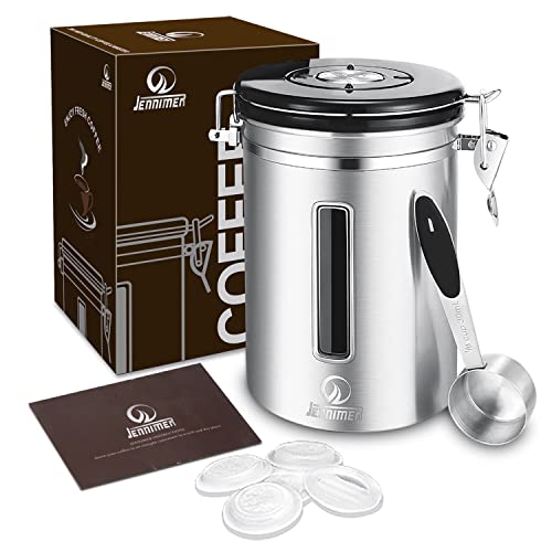 JENNIMER Coffee Container Airtight - Large 1.8L/650g, Stainless Steel Coffee Bean Storage Canister,Transparent Window with Date Tracker, CO2-Release Valve & Measuring Scoop (Silver)