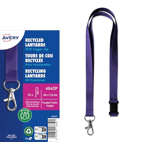 AVERY Zweckform 4842P Lanyard 10 Stueck (44x1,5cm, Kartenhalter mit Karabinerhaken-Sicherheitsverschluss, Schluesselband fuer Ausweishuelle, Kartenhuelle, Namenschilder, Umhaengeband, Nackenband) lila