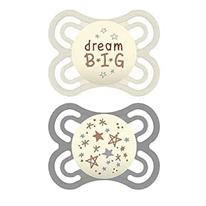 MAM Perfect Night Pacifiers, Glow in the Dark Pacifiers (2 pack, 1 Sterilizing Pacifier Case) MAM Pacifiers 0-6 Months, Unisex Baby Pacifiers, Designs May Vary
