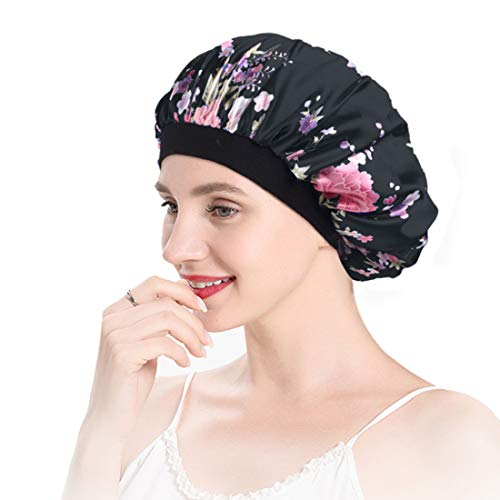 Satin Bonnet Sleeping Cap Women Wide Elastic Band for Curly Long Hair 2pcs(Pink+Black)