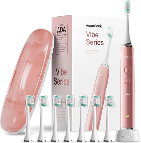 Aquasonic - Vibe Series Ultra-Whitening Electric Toothbrush | ADA Accepted Rechargeable Toothbrush with 8 Brush Heads & Travel Case, 40,000 VPM Motor, 4 Modes with Smart Timer