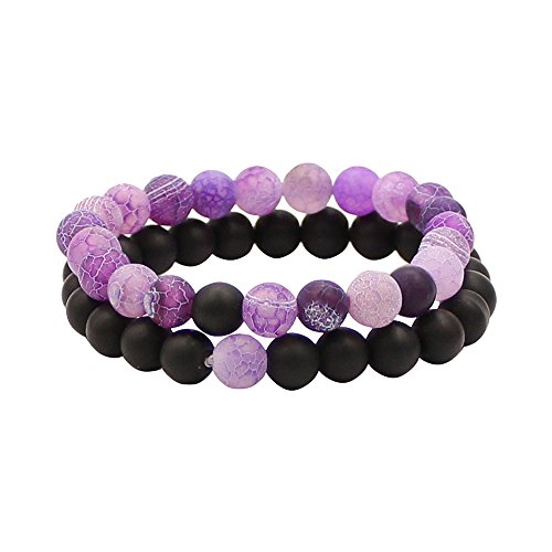 UEUC Couples His and Hers Bracelet Black Matte Agate & Colorful Weathering Scrub Agate 8mm Beads (Purple)