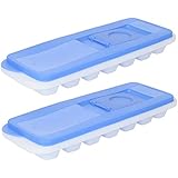 Trenton Gifts Easy Release No Spill Ice Cube Tray with Removable Cover, Stackable, Compact, Odor Free Ice Cube Tray In White With Blue Lid, Set of 2