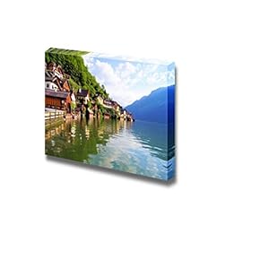 Beautiful Scenery Landscape Wooden Houses of Hallstatt Austria with Reflections in Lake Wood Framed - Canvas Art Wall Art - 12" x 18"