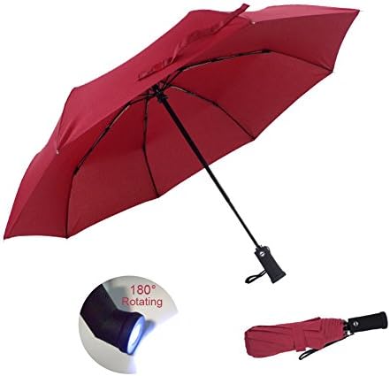 Automatic Open and Close Umbrella One Handed Operation Lightweight 8 Ribs Golf Umbrella with Light Reflective &amp; Torchlight Handle Unbreakable Compact Travel Umbrella Windproof Umbrella