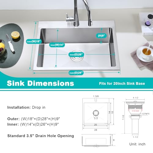 TSIBOMU 28 Inch Drop in Kitchen Sink, 18 Gauge 304 Stainless Steel Topmount Single Bowl Single Faucet Hole Handmade Kitchen Sink, 28" x 18" x 9"