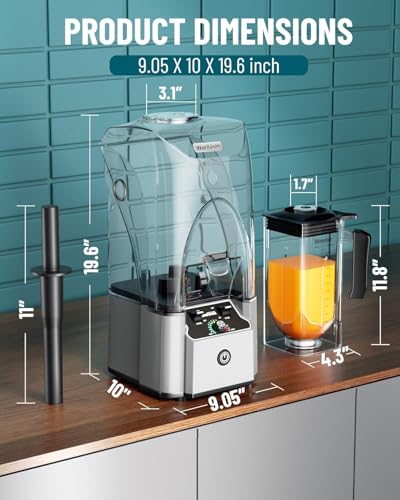 WantJoin Licuadora Comercial Profesional con Carcasa de Protección Acústica Silenciosa 2200W Potencia Industrial Fuerte y Silenciosa de Grado Profesional, Autolimpiante, Plateado