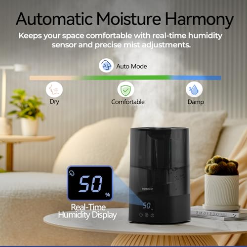 ROSEKM Automatic Humidifiers for Bedroom Large Room, 4.5L Cool Mist Humidifier for Home & Plant with Timer & Humidity Sensor, Last Up to 18H on High Setting, Auto Shut-Off, 360° Nozzle (Black)