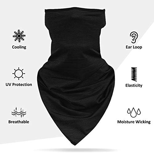 Colorful face bandana worn around the ear and neck, shielding from the sun.