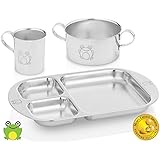Kiddobloom Kids Stainless Steel Dinnerware Set, Frog (1 Kids Bowl, 1 Kids Cup, 1 Kids Divided Tray or Plate). Perfect for Babies, Toddlers, and Kids. Beautiful Baby Keepsake.