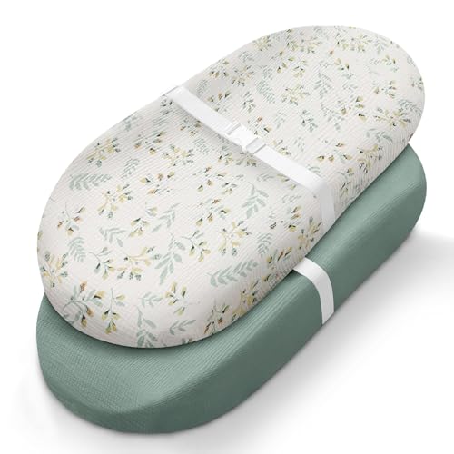 Blissful Diary Muslin Changing Pad Cover for Girls Boys, Soft Baby Diaper Change Table Pad Covers, 2 Pack (Roman Green & Leaf, Avocado)
