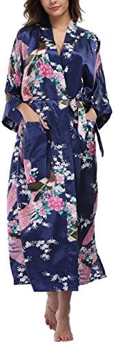 WitBuy Women's Kimono Robe Long Floral Wedding Robes for Bridesmaids Satin Silk Bathrobe Lightweight with Pockets