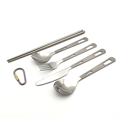 iBasingo 5-piece/Set Titanium Cutlery Set Camping Spork Chopsticks Spoon Fork Outdoor Picnic Flatware Travel Utensils set