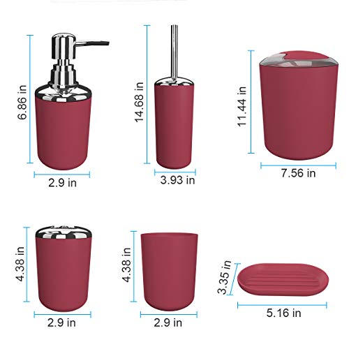 Bathroom Accessories Set 6 Pieces Plastic Bathroom Accessories Toothbrush Holder, Rinse Cup, Soap Dish, Hand Sanitizer Bottle, Waste Bin, Toilet Brush with Holder (red)