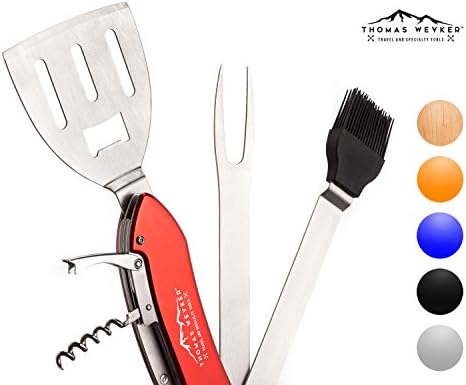 5-in-1 BBQ Multi Tool by Thomas Weyker - Portable Grill Tool Set with Stainless Steel Spatula, Fork, Grill Brush, and more - Grilling Multitool for Backyard Grilling, Barbecue, and Camping (Red)