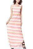 WIWIQS Womens Comfy A-line Beach Sleeveless Casual Striped Maxi Dress,Orange And White,S