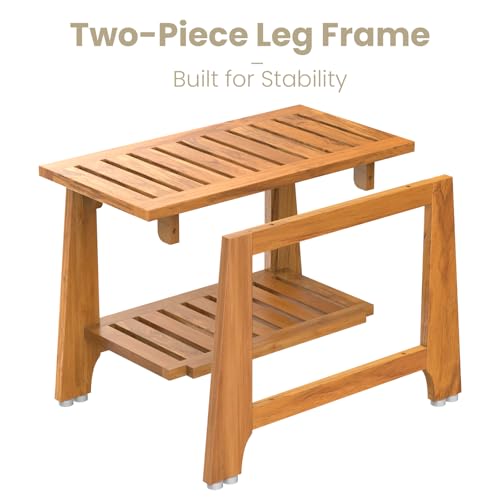 NNN 30" Commercial Teak Shower Bench - 8 Non-Slip Leveling Feet & 350 lbs Capacity | Rock-Solid Stability for Seniors & Spa Safety | Waterproof Design for Saunas/Outdoor Pools (Patented)