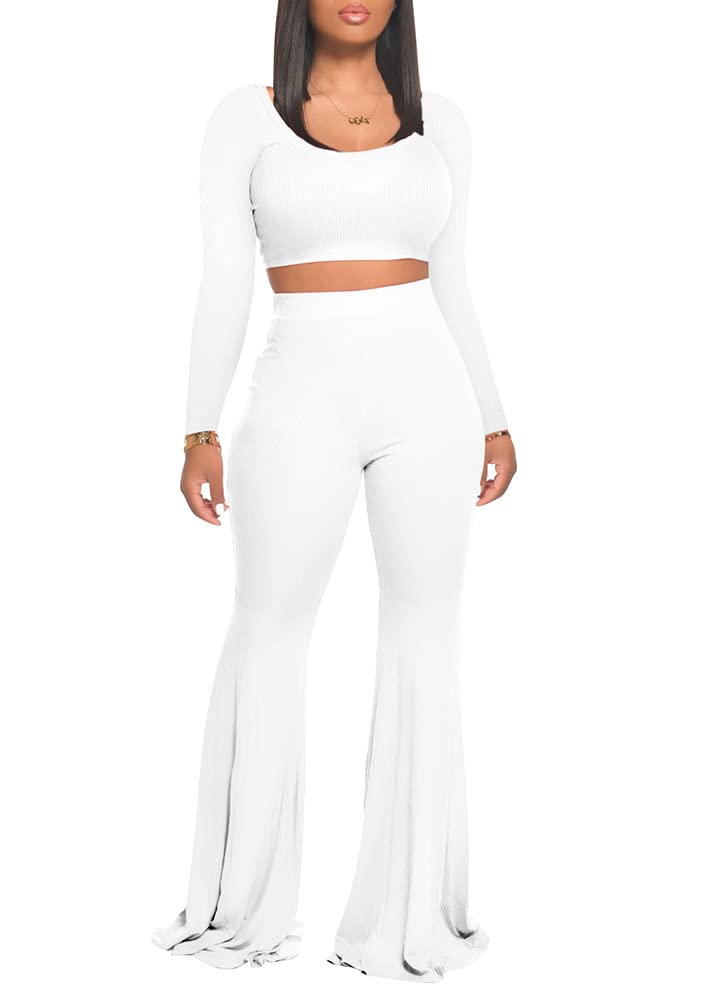 View 1 of ***CORRECT ITEM****Two Piece Outfits for Women Sexy Crop Top + Flared Long Pants Sweat Suits Ribbed Fitted Tracksuits Yoga Set White