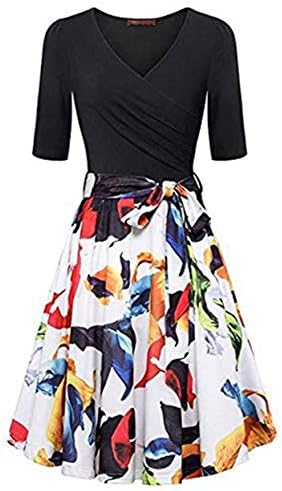 Zainafacai Flare Dress,Women's Deep V Neck Short Sleeve Unique Cross Wrap Casual Flared Midi Dress