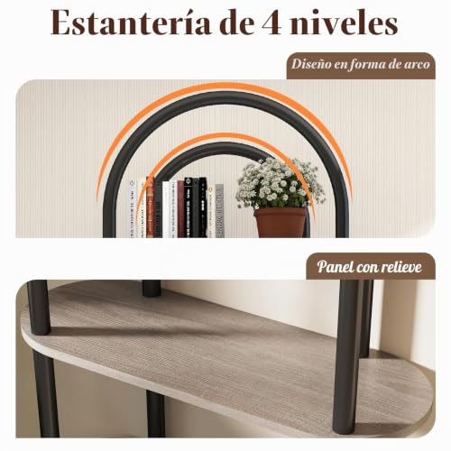 YOSHOOT 4 Tier Curved Bookcase with Metal Frame and Wooden Shelves 165cm High Ideal for Living Room Study Office 80 x 30 x 165 cm (Grey Oak)