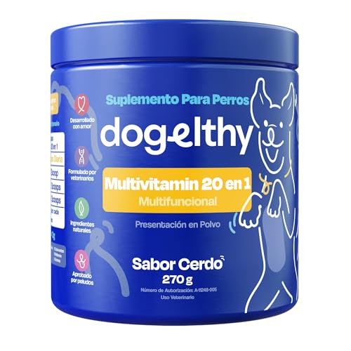 Dogelthy Multivitamin 20 en 1. Suplemento para Perros con con Glucosamina, Complejo B, Aceite de Krill, Vitaminas y Antioxidantes en Polvo. Complemento para Croquetas o Dieta Barf Sabor Cerdo de 270g