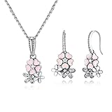 WOSTU 925 Sterling Silver Pink Flower Charms Pendant Necklace Silver Dangle Earrings Womens Jewelry Set