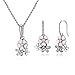 WOSTU 925 Sterling Silver Pink Flower Charms Pendant Necklace Silver Dangle Earrings Womens Jewelry Set