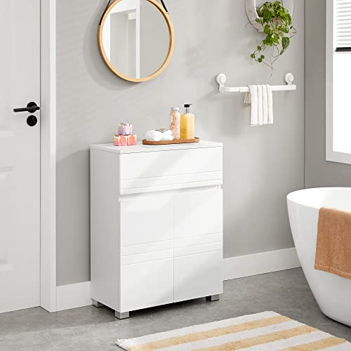 Vasagle BBK140W01 Bathroom Cabinet, cupboard with drawer, bathroom cabinet with double door, adjustable shelves, with feet for bathroom, hallway, entrance area, 60 x 30 x 80 cm, white