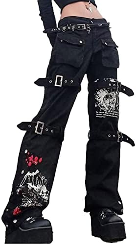 Acehomeyfit Women Gothic Punk Cargo Pants High Waist Flare Pants