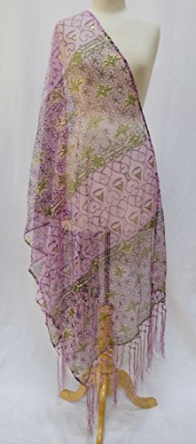 Sheer Block Print Embroidered Tulle Net Scarf Shawl Wrap Stole Fringe Pink