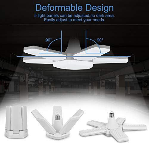LED Garage Light Deformable,E26 Base 60W 6500K Daylight Garage Ceiling Lamp,5 Adjustable Panels,5000LM,Ultra-Bright LED Shop Lights for Garage,Warehouse,Workshop - Thumbnail 2