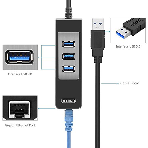 image for Unitek 3 Port USB 3.0 Hub with Ethernet RJ45 10/100/1000 Gigabit Netwo