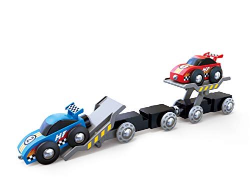 Hape Eisenbahn Rennwagen-Transporter, Frachtzug ab 3 Jahren, Eisenbahn – Bild 5