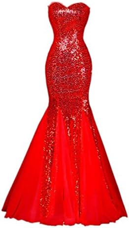 Raniwish Sparkly Evening Prom Ball Gown Sequins Mermaid Long Formal Dress-12-Red
