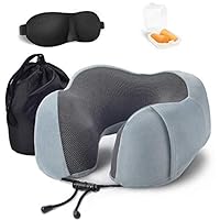 BonFook Travel Pillow 100% Pure Memory Foam Neck Pillow, Comfortable & Breathable Cover - Machine Washable, Airplane Travel Kit with 3D Sleep Mask, Earplugs, and Luxury Bag (Grey)