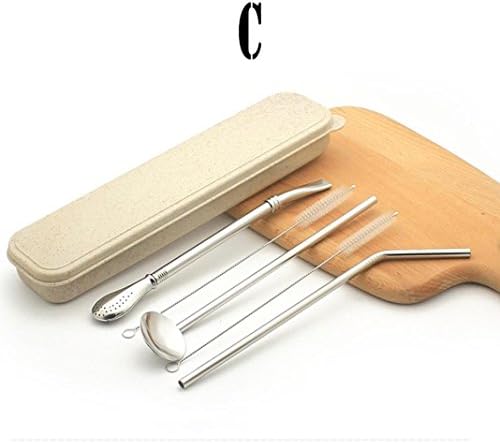 Pausseo Detachable Stainless Steel Metal Straws Set with Cleaning Brush Reusable Straw Set (Storage Box - Detachable Filter Straw - Spoon Straw - Big Small Bend/Straight Straw - Brush) (C)