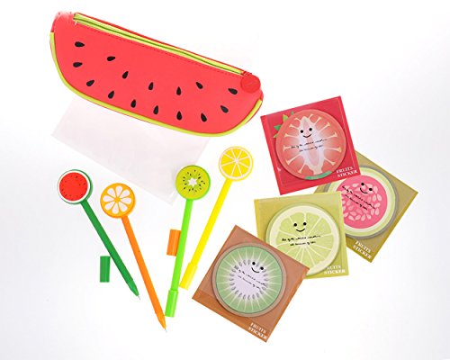Ace Select Pencil Case Pens Sticky Notes 9 Pcs Fruit Stationery Set for Scholl and Office - Set A (Watermelon)