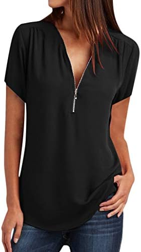 Godathe Womens Blouses Summer Zipper Tops T-Shirt Loose Tee Roll Up Short Sleeve Flowy Shirt (Black, L)
