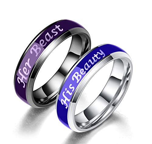 Weiss Why Couples Mood Engagement Rings, His Beauty Her Beast Titanium Steel Wedding Bands, Anniversary Promise Ring for Women Men (Her Beast (Men), 10)